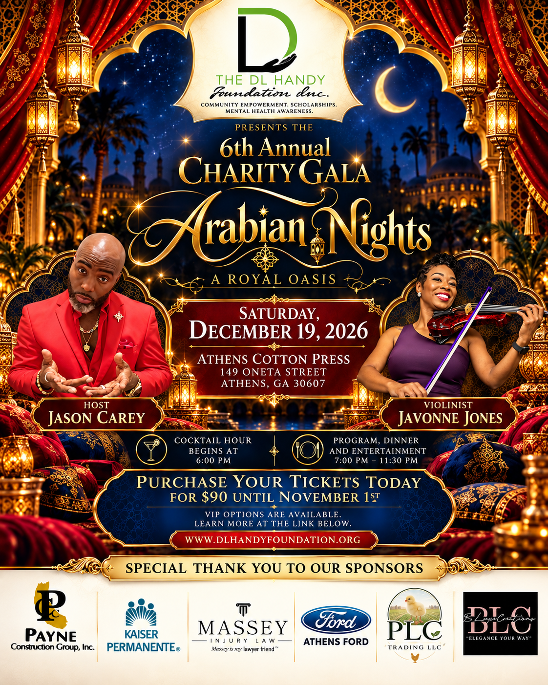 Arabian Nights — 6th Annual Charity Gala, December 19, 2026, Athens Cotton Press. Tickets $90 until November 1st.